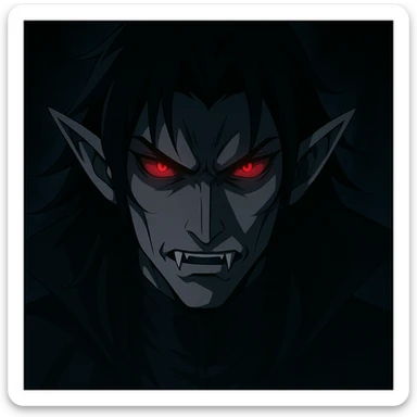 anime vampire face, glowing red eyes, shadowy background, menacing expression sticker