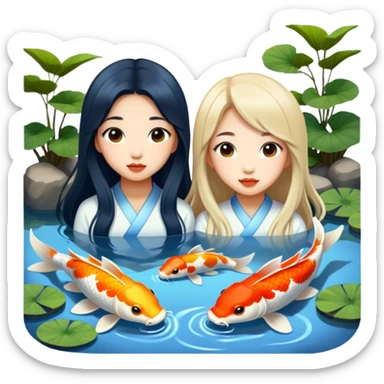 two asian girls long hair koi pond sticker
