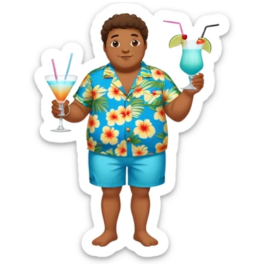 chubby guy full figure in a flowered azure havai shirt, brown shorts and flippers holding a cocktail sticker