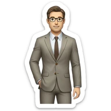 Full height Gesticulating Pale skinned fit man with dark brown hair in gray jacket, beige office shirt, brown tie, brown pants and vintage glasses. sticker