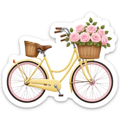 A pastel yellow vintage bike carrying a basket with pastel pink roses sticker