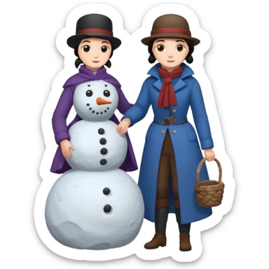  young Virginia Poe and  eldely Maria Clemm  full body building a snowman  1800's sticker