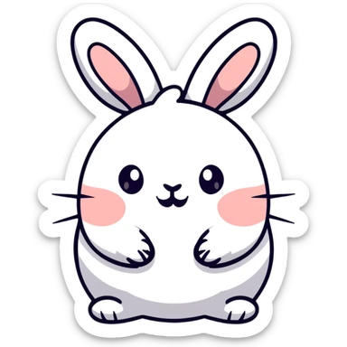 A chubby bunny in perfect Sanrio style like Hello Kitty, ultra simplified design, huge round head, tiny eyes and mouth, no nose, pastel colors, soft round shapes, tiny spikes, adorable expression, clean bold black outline, kawaii sticker