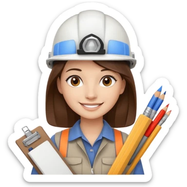 Arquitecta ojos marrones oscuros pestañas pelo marron por los hombros sonrie casco blanco material de dibujo sticker