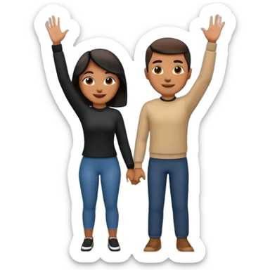 A 3D cartoon couple on top of a hill raising hands in victory, sunny sky and nature background, Memoji-style. inside photo frame. sticker