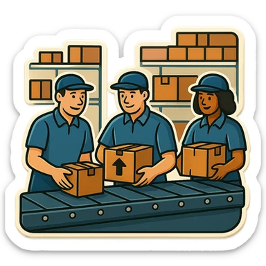 Картинка конвейерной ленты, по ней едут коробки, люди сортируют коробки в разные стороны, не обрезай края обводки sticker