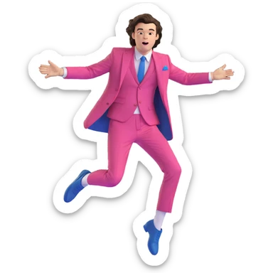 Harry Styles mid-air jump, colorful stage lights, fashionable suit, dynamic movement sticker