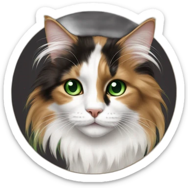 longhaired white and dark brown calico cat with green eyes sat on round cardboard sticker