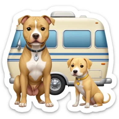 Gray pit bull next to yellow lab in front of an rv  sticker