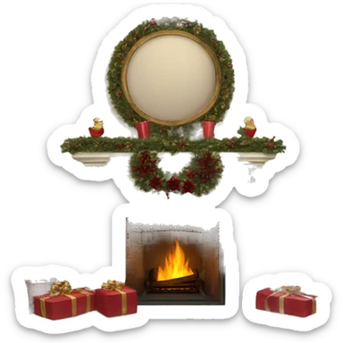 Vintage fireplace with Christmas wreaths with burgundy ornaments with stockings sticker