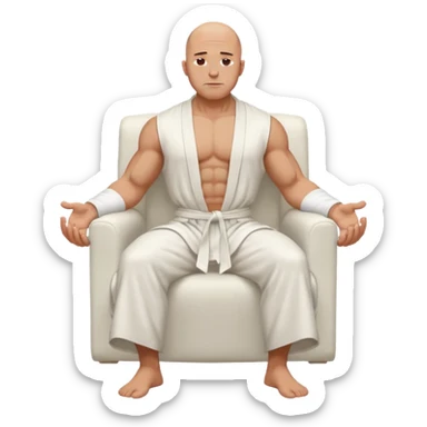 fullbody jacked bald guy, sleeveless and unbuttoned in full white robe sitting without chair and hands down sticker