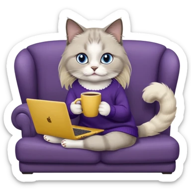 a cute blue eyed brown and white ragdoll cat with white paws and brown and beige tail wearing the dark violet sweater with yellow letteting "Milena" sitting on a grey sofa with grey laptop branded lettering "Lenovo" and drinking coffee sticker