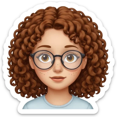 make a really curly hair, teen girl with glasses and late acne that looks like freckles sticker