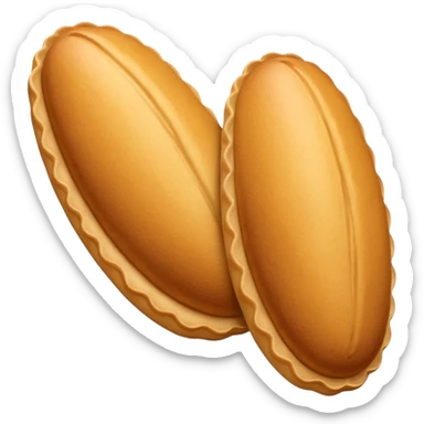 A madeleine pastry. Scalloped oval seashell shape with ONLY four to five vertical lines going in the same direction. Light golden brown. Scalloped edge. Cookie. Flat. Long. Oval shape. Lets scallops. sticker