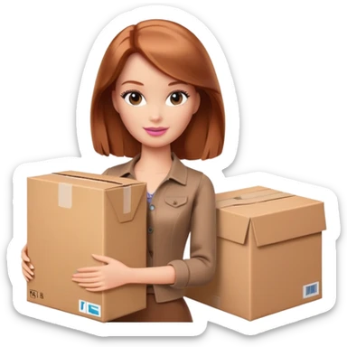 Barbie with shoulder-length reddish-brown hair in brown clothes holds a package box sticker