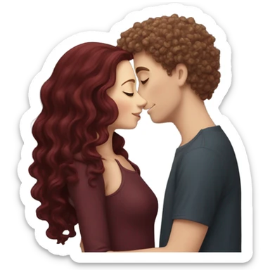 White girl with long burgundy hair kissing a white boy with curly short hair under a sky of star sticker