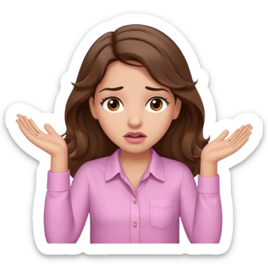 girl with wavy long brown hair, brown eyes, light to medium complexion, long lashes, light pink lipstick, wearing light pink shirt, shrugging with both hands, confused sticker