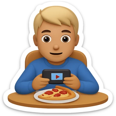 Change the food to pizza, keep the boy watching videos on his phone, emoji style, sitting at a table, with no background. The style should resemble apple style emojis. sticker