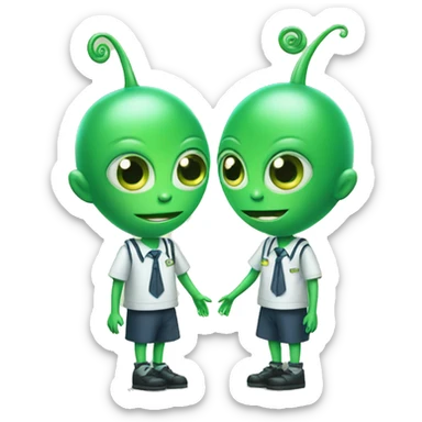 Two green aliens Talking to each other dressed in school uniform sticker