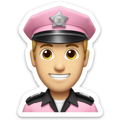 white male smiling with dark receding hair wearing a pink police uniform sticker