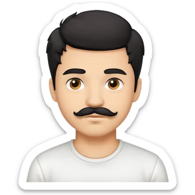 Light skin Young man, short messy black hair, white shirt, moustache sticker