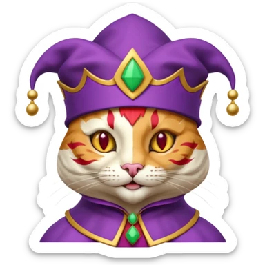 crazy colorful cute little cat jolly joker from poker, medieval, vintage, court jester, mac os icon, purple, gold and red color, half body. Squared shape as 3D mac os icon sticker