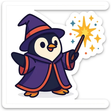 cute penguin wizard casting a spell, wearing a robe and holding a wand, magical sparkles around sticker