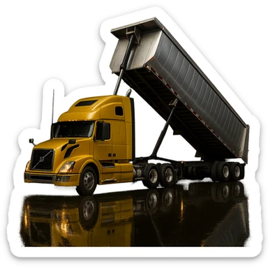 ultra-realistic Volvo yellow semi sleeper truck and silver end dump trailer, trailer tilted up as if dumping, night scene with clear reflections and shadows, no background sticker