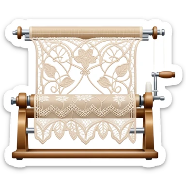 Lace making icon, lace patterns in progress, shuttle, thread, bobbins, intricate details, minimalistic style, clean lines, transparent background. sticker