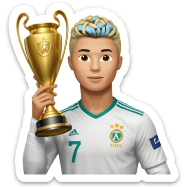 Cristiano Ronaldo holfing the champions league with noodle hair a bit longer noodle hair with a bit of blonde highlights and tge hair xoming down a bit sticker