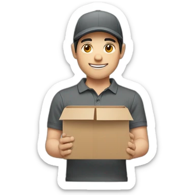 Pale skinned Man with black hair in a gray cap and dark gray polo T-shirt keeping a box into his hands sticker