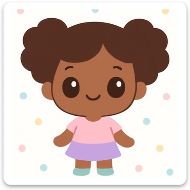 una niña morena de piel con ojos marrones y pelo afro, estilo kawaii sticker