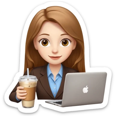 Women in front of laptop with a happy face, face a little fuller, long light brown hair, light brown big eyes, light pale skin with a iced coffee on the side, business attire sticker