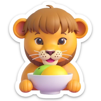 lion with a bowl haircut, straight bangs, cute and expressive, 3D emoji style sticker