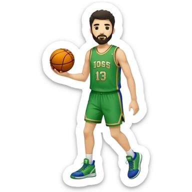 Full Body  white male basketball player with short shaggy dark hair and  close shave gold tee beard  wearing blue and green uniform sticker