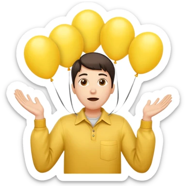 человек зацепился о шарики желтого цвета и летит вверх, видно только голову и шарики и руки sticker