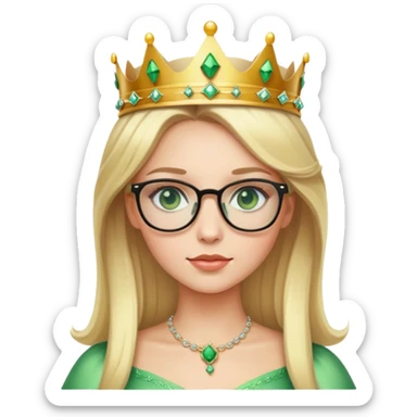beautiful princess with blonde hair, striking green eyes, wearing glasses and a crown sticker