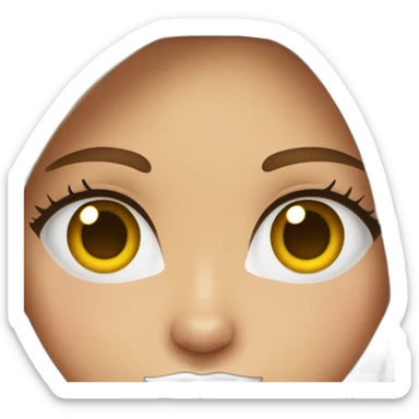 young woman with long brown hair, blue almond-shaped eyes, thin eyebrows and earring sticker