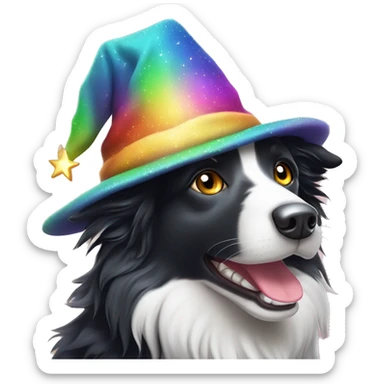 Rainbow-coloured Border Collie wearing a velvet wizard hat covered with tiny, sparkling, silver stars.  sticker