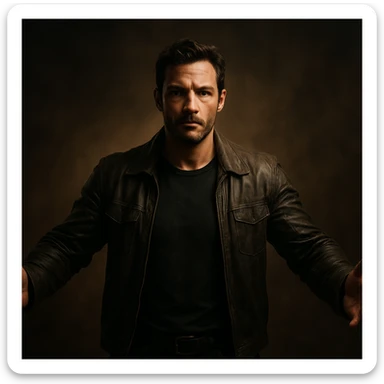 hyper realistic 4K cinematic image of a man with open arms, confident and protective, intense yet gentle expression, cinematic lighting, powerful atmosphere sticker