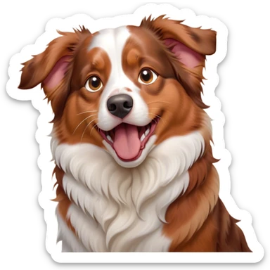 Cinematic Cute Yawning Red Merle Australian Shepherd Portrait Emoji, Head tilted slightly with a dramatic, wide-open yawn, soft red merle fur with subtle white accents, floppy ears slightly drooping, round amber eyes barely open in drowsy contentment, Simplified yet irresistibly adorable features, highly detailed, glowing with a soft, cozy glow, high shine, relaxed yet expressive, stylized with a touch of whimsy, bright and endearing, soft glowing outline, capturing the essence of a sleepy yet affectionate pup, so drowsy it feels like it could stretch right out of the screen and curl up for a nap! sticker