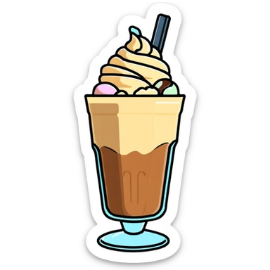 Cold coffee milkshake in a tall glass with ice cream on top sticker