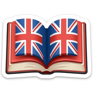 Minimalistic flat vector icon, iOS style, thin black contour on white background. Open book with a small UK/USA flag symbol. No text, no shadows. sticker