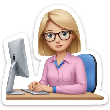 redattrice editoriale. Bionda, capelli lisci biondo scuro, lunghezza media. Occhi blu con occhiali. è al pc a lavorare. Indossa una camicia rosa chiaro sticker
