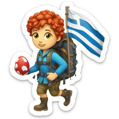 Female mountain climber red hair climbing with Greek flag on backpack and holding Easter eggs basket sticker