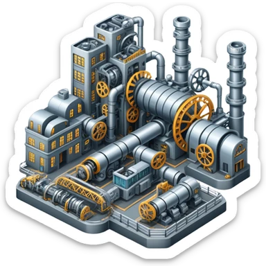 An icon featuring a giant factory with industrial machines and assembly lines, symbolizing mechanical engineering. The design includes gears, robotic arms, and blueprints, representing the creation of machinery and complex systems. Transparent background highlights innovation in manufacturing sticker