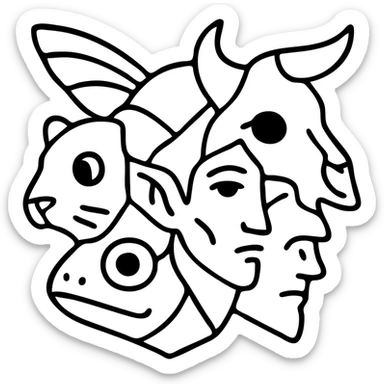 a red fragmented collage with clear dividing lines between pieces: stoat face section, minotaur skull section with broken horn, frog eye/mouth section, elf ear/features section, cat whisker section, and moth wings extending from the back of the head, arranged in an irregular shape with deliberate line splits, worn and scratched appearance sticker