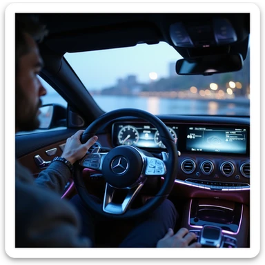 Cinematic, hyperrealistic POV from inside a 2025 Mercedes-Benz S-Class. Luxury interior, ambient blue/purple lighting, futuristic dashboard, glowing infotainment, realistic hand on Mercedes-branded steering wheel. Reflections on trim, dynamic shadows, blurred windshield. 8K detail. sticker