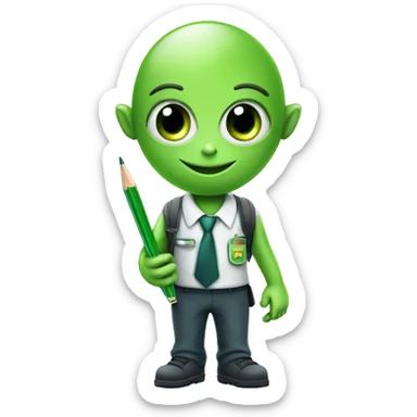 a green alien in school uniform holding a pen sticker