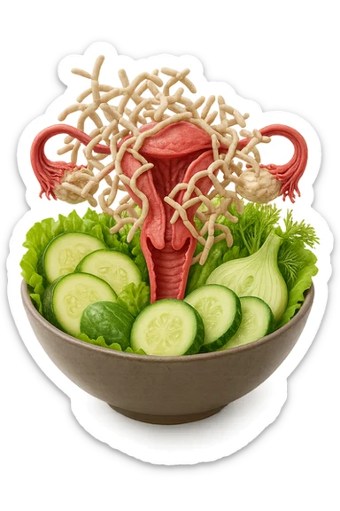 BOWL DI INSALATA CON zucchine, cetrioli, insalata, finocchi CON UTERO UMANO ANATOMICO REALISTICO CHE ESCE DA DENTRO LA BOWL INSIEME A BATTERI DELLA CANDIDA , IPERREALISTICO 4K sticker